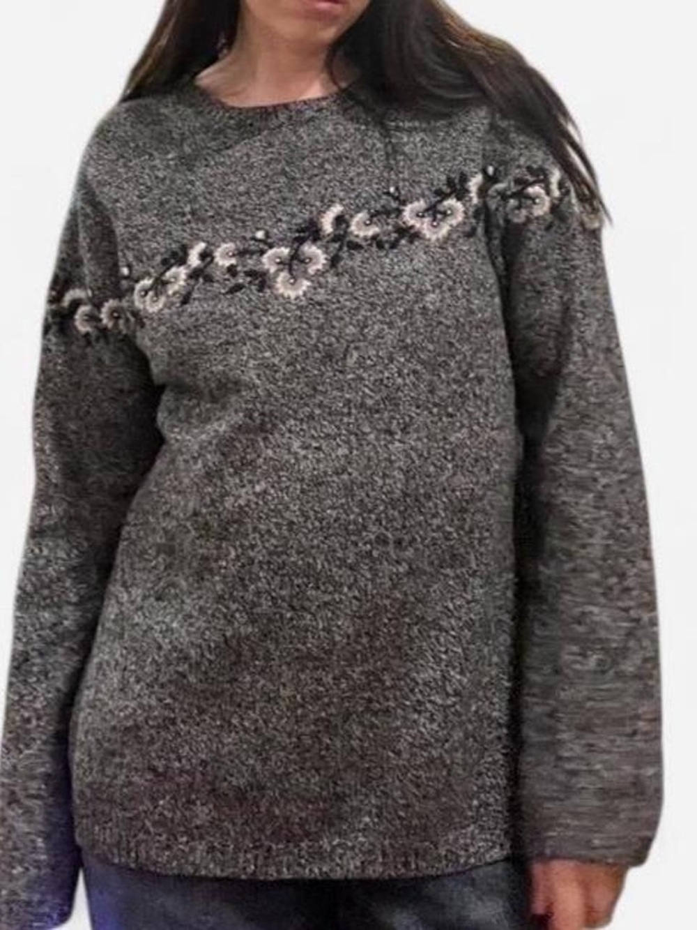 Cozy Gray Floral Yoke Crewneck Sweater